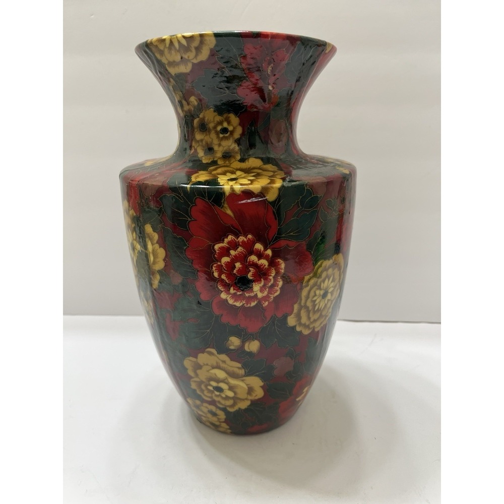 Vintage Art Nouveau Floral Decoupage Vase Floral Black Red Gold 11.75"